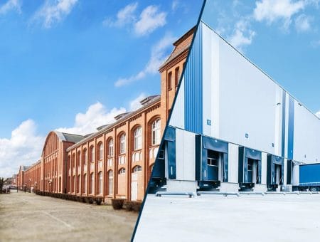 Zweigeteiltes Bild: Braunes Backsteingebäude und Anschnitt Lagerhalle